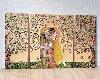 Set of 3 wall art The Kiss The Tree of life Gustav Klimt Stained glass framed panels Stained glass painting Genuine professional handmade