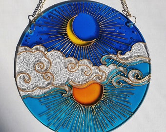 Stained glass Moon Sun Cloud Suncatcher for window