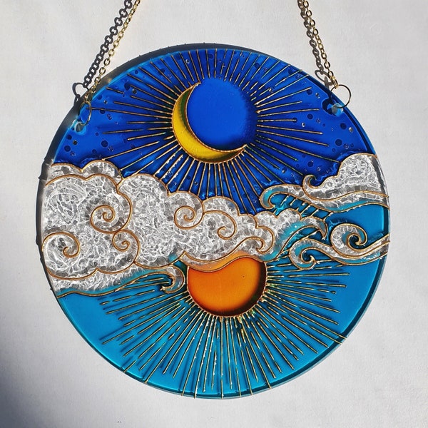 Stained glass Moon Sun Cloud Suncatcher for window