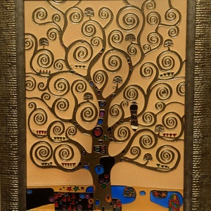 The Tree of Life Art Framed Stained glass panel Wedding gift idea Hand Painting Wall hanging