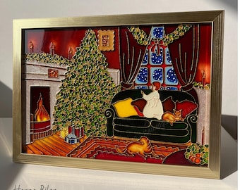 Christmas gift box from Santa/Father - Holiday hosting decor for Christmas Eve - Christmas Framed panel  - Stained glass painting