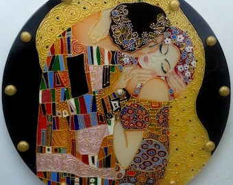 Wedding gift Large Wall clock or Stained glass round panel The Kiss Gustav Klimt Unique gift