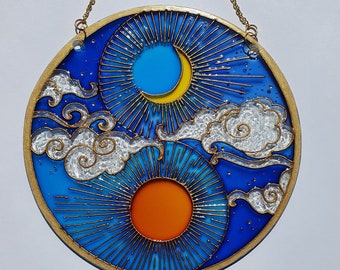 Stained glass Sun and moon Suncatcher for windows hangings