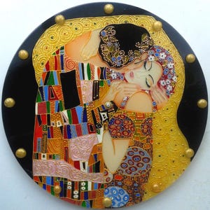 Regalo de bodas Reloj de pared grande o panel redondo de vidriera El beso de Gustav Klimt Regalo único