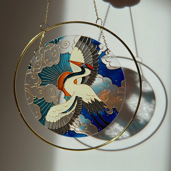 Japanese Crane Unique Suncatcher for window Mothers day gift Aesthetic room decor for every home Stained glass painting