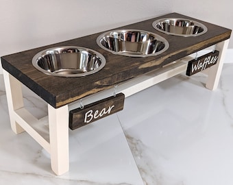 3 Bowl Dog Feeder - Dog Bowls with Stand  - Elevated Dog Bowls - Farmhouse Style Pet Feeding Station - Raised Dog Dish
