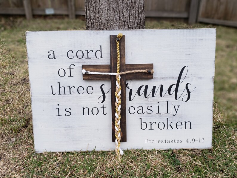 A Cord Of Three Strands Sign, A Cord of 3 Strands, Ecclesiastes 4:9-12, Wedding Ceremony Sign, Unity Ceremony Sign, Distressed White, Strand image 3