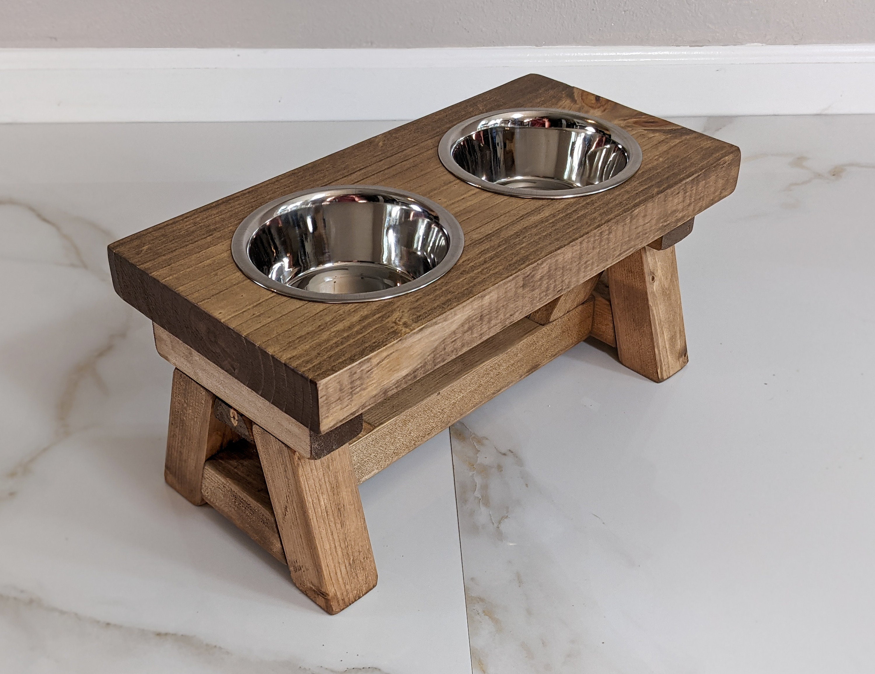Small Elevated Dog Bowl Stand - Trestle Farmhouse Table Two Bowl Stand -  billscustombuilds