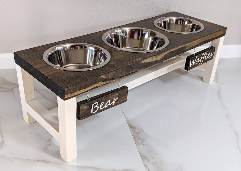 3 Bowl Dog Feeder - Dog Bowls with Stand - Elevated Dog Bowls - Farmhouse Style Pet Feeding Station - Raised Dog Dish image 1