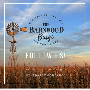 May include: A rustic windmill stands in a field of corn stalks at sunset. The text "HANDCRAFTED FURNITURE ESTO 2016 THE BARNWOOD Barge AND HOME DECOR FOLLOW US! INSTAGRAM & FACEBOOK @THEBARNWOODBARGE" is displayed on the image.