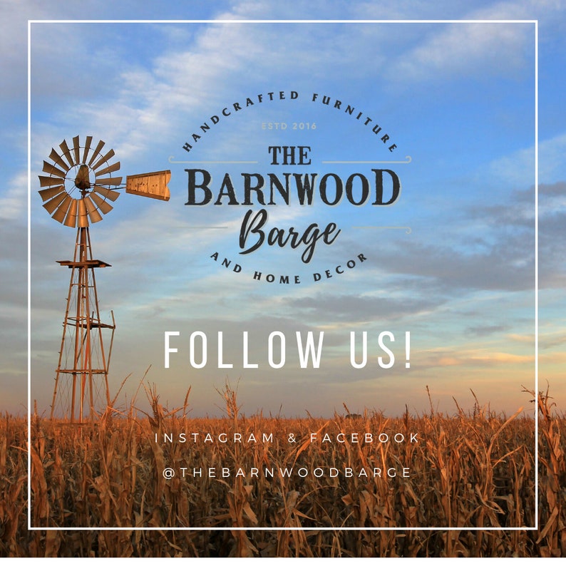 May include: A rustic windmill stands in a field of corn stalks at sunset. The text "HANDCRAFTED FURNITURE ESTO 2016 THE BARNWOOD Barge AND HOME DECOR FOLLOW US! INSTAGRAM & FACEBOOK @THEBARNWOODBARGE" is displayed on the image.