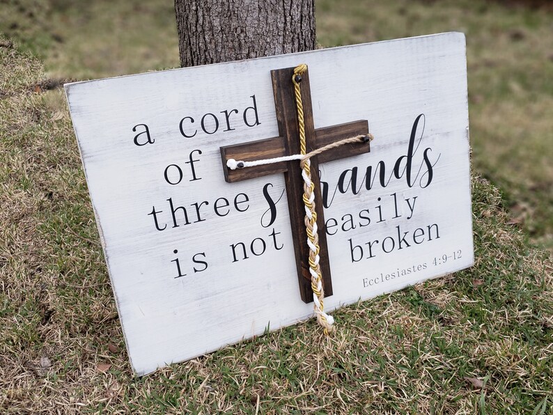 A Cord Of Three Strands Sign, A Cord of 3 Strands, Ecclesiastes 4:9-12, Wedding Ceremony Sign, Unity Ceremony Sign, Distressed White, Strand image 2