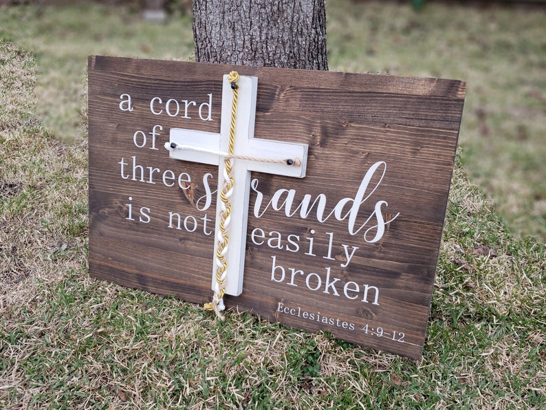 A Cord Of Three Strands Sign, A Cord of 3 Strands, Ecclesiastes 4:9-12, Wedding Ceremony Sign, Unity Ceremony Sign, Distressed White, Strand Dark Walnut