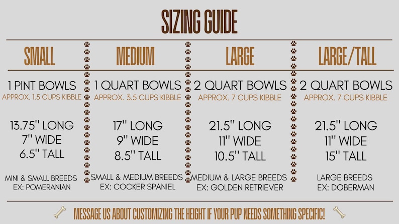 May include: Sizing guide for dog bowls, showing the size of bowls needed for different dog breeds. Small: 1 pint bowl, 13.75 inches long, 7 inches wide, 6.5 inches tall. Medium: 1 quart bowl, 17 inches long, 9 inches wide, 8.5 inches tall. Large: 2 quart bowls, 21.5 inches long, 11 inches wide, 10.5 inches tall. Large/Tall: 2 quart bowls, 21.5 inches long, 11 inches wide, 15 inches tall.
