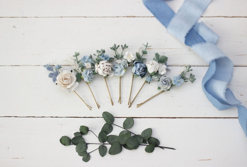Dusty blue white hairpins/ Flower bobby pins /Floral headpiece/Bridal hairpiece/Flower accessories /Bridesmaid /Pale blue /Wedding hairpiece image 8