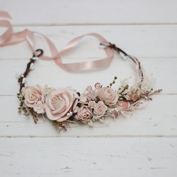 2-5 days to USA Blush pink girl floral headpiece Floral crown  Wedding crown  Bridesmaid crown Rose peony crown Hair flowers Baby crown-SARA