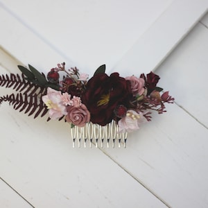 SALE Wedding hair piece Burgundy blush eucalyptus flower comb Floral headpiece Bridal comb Flower accessories Bridesmaid Deep red