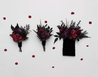 Pocket boutonniere Purple black burgundy Gothic wedding Flower accessories Buttonhole Groom Groomsmen Halloween Moody wedding