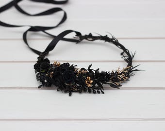 Black gold flower crown Bridal flower wreath Dark fairy crown Halloween floral crown Gothic flower crown Witch crown