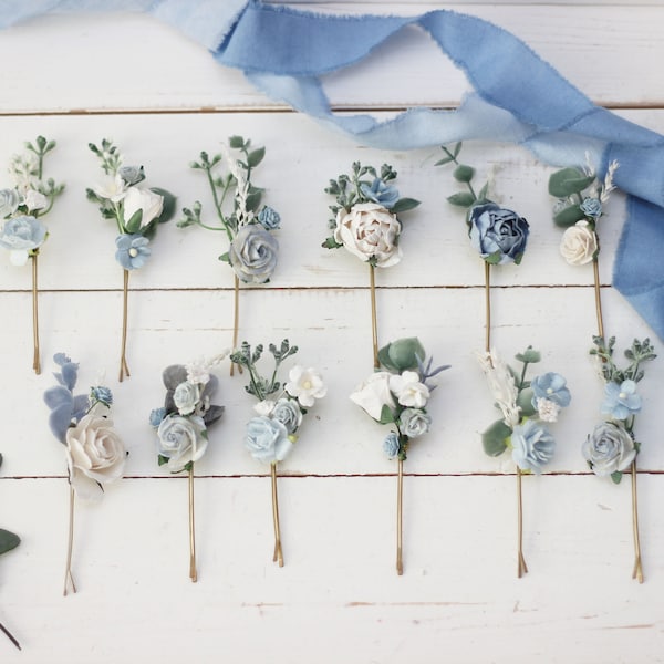 Dusty blue white hairpins/ Flower bobby pins /Floral headpiece/Bridal hairpiece/Flower accessories /Bridesmaid /Pale blue /Wedding hairpiece