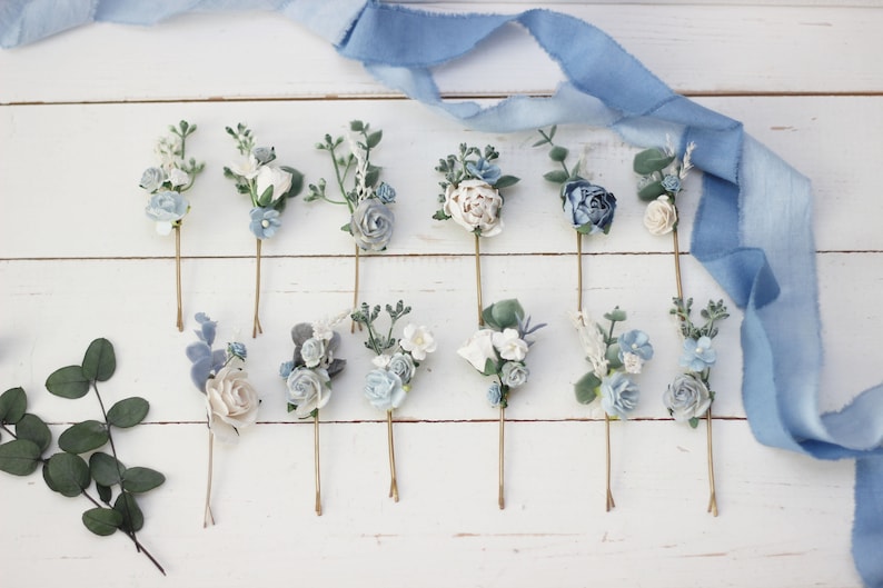 Dusty blue white hairpins/ Flower bobby pins /Floral headpiece/Bridal hairpiece/Flower accessories /Bridesmaid /Pale blue /Wedding hairpiece Set of12 pins(#1+#2)