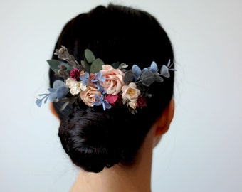 Blue peach flower comb Floral headpiece Bridal comb Flower accessories Bridesmaid comb Hair clip  Wedding hair piece Outdoor wedding