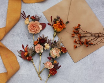 Set of 6 bobby pins Rust orange floral pins  Wedding headpiece Fall wedding Bridal hairpiece Bridesmaid pins Flower girl