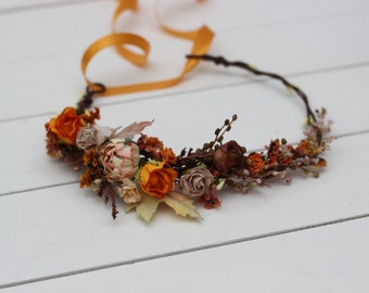 2-5 days to USA Rust orange floral crown Flower wreath Wedding headpiece Fall wedding Bridal hairpiece Bridesmaid crown Flower girl crown