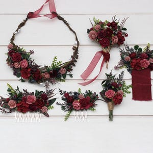 Corona de flores color rosa empolvado burdeos Corona de flores para novia Corona para niña de las flores Corona floral color burdeos