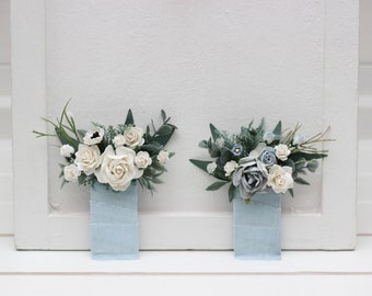 Pocket boutonniere Dusty blue white flowers Classic wedding Flower accessories Boutonniere Buttonhole Groom Groomsmen