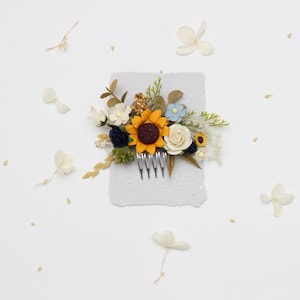 Sunflowers navy blue cream dusty blue hair comb Flower hairpiece  Floral headpiece Bridal flowers Orange blue comb Rustic wedding