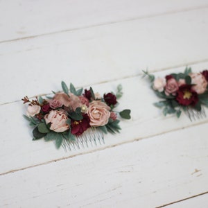 Burgundy dusty rose blush pink flower comb Eucalyptus floral headpiece Bridal hair clip Wedding flowers Flower girl Bridesmaid comb