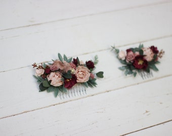 Burgundy dusty rose blush pink flower comb Eucalyptus floral headpiece Bridal hair clip Wedding flowers Flower girl Bridesmaid comb