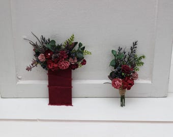 Burgundy dusty rose boutonniere Pocket boutonniere  Boutonniere Buttonhole Groom Groomsmen Square flowers Pocket flowers