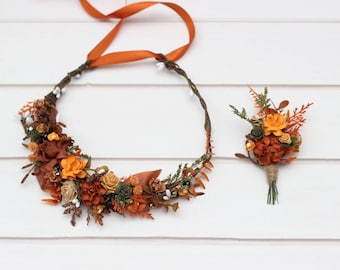 Terracotta rust orange floral crown Flower wreath Wedding headpiece Fall wedding Bridal hairpiece Bridesmaid crown Flower girl crown