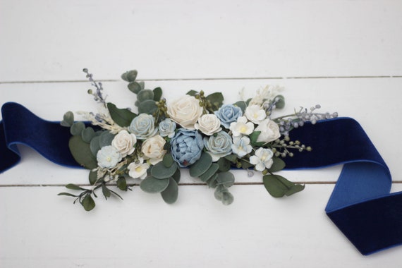dusty blue dress accessories 2-5 Days to USA Wedding Velvet Belt Bridal Bridesmaid Sash Floral Belt Belt Flower Girl Sash Maternity Belt line silhouette V Voga20 Sashiro Tomoe (Qipao ver.) Color:01