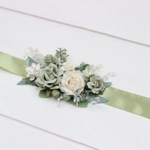 Sage green white summer wedding  Flower girl belt Flower girl sash Floral belt Boho Rustic wedding Dress belt