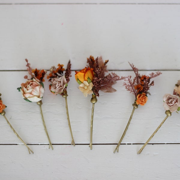Set of 6 bobby pins Rust orange floral pins  Wedding headpiece Fall wedding Bridal hairpiece Bridesmaid pins Flower girl