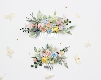 Pastel Wedding Flower Comb, Colorful Wildflowers Hairpiece for Bride & Bridesmaid