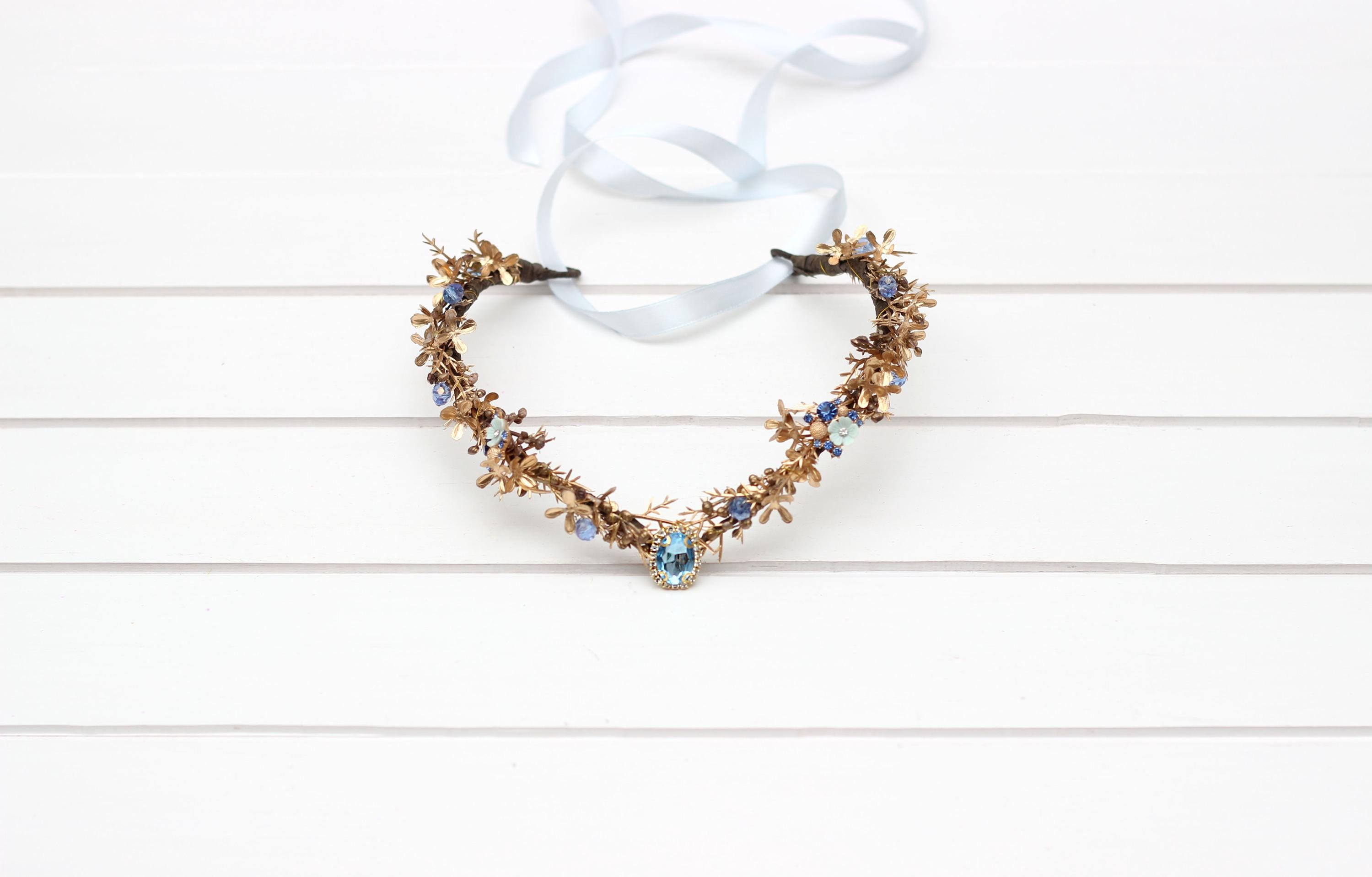 Blue gold elven crown Woodland flower circlet Fairy headband Cosplay…