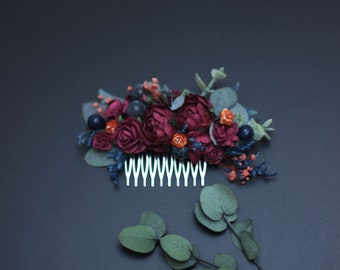 Burgundy navy blue floral comb Bridal headpiece  Wedding hair piece Fall rustic wedding Flower clip