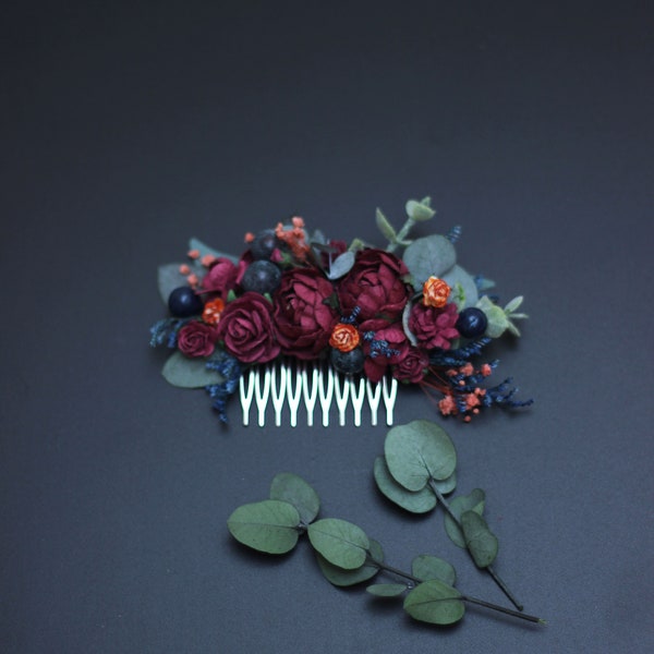 Burgundy navy blue floral comb Bridal headpiece  Wedding hair piece Fall rustic wedding Flower clip