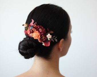 Fall wedding Peach burgundy flower comb Floral headpiece Bridal comb Flower accessories Bridesmaid comb Hair clip  Wedding hair piece Orange