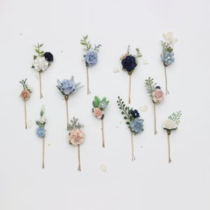 Set of bobby pins White dusty blue navy blue and blush pink colors Rustic wedding Bridesmaid gift Flower hair pin Floral bobby pin