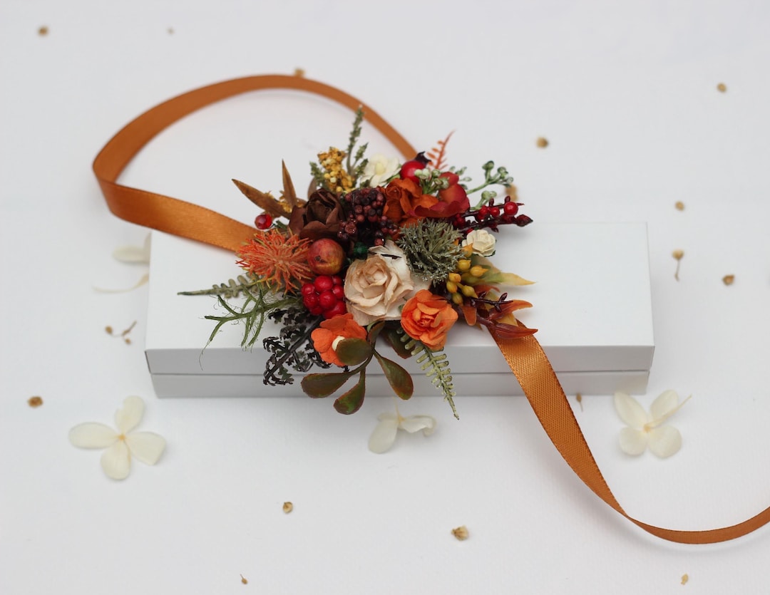 Flower Wrist Corsage in Rust, Brown, Red, Orange, Ivory, Colors With ...