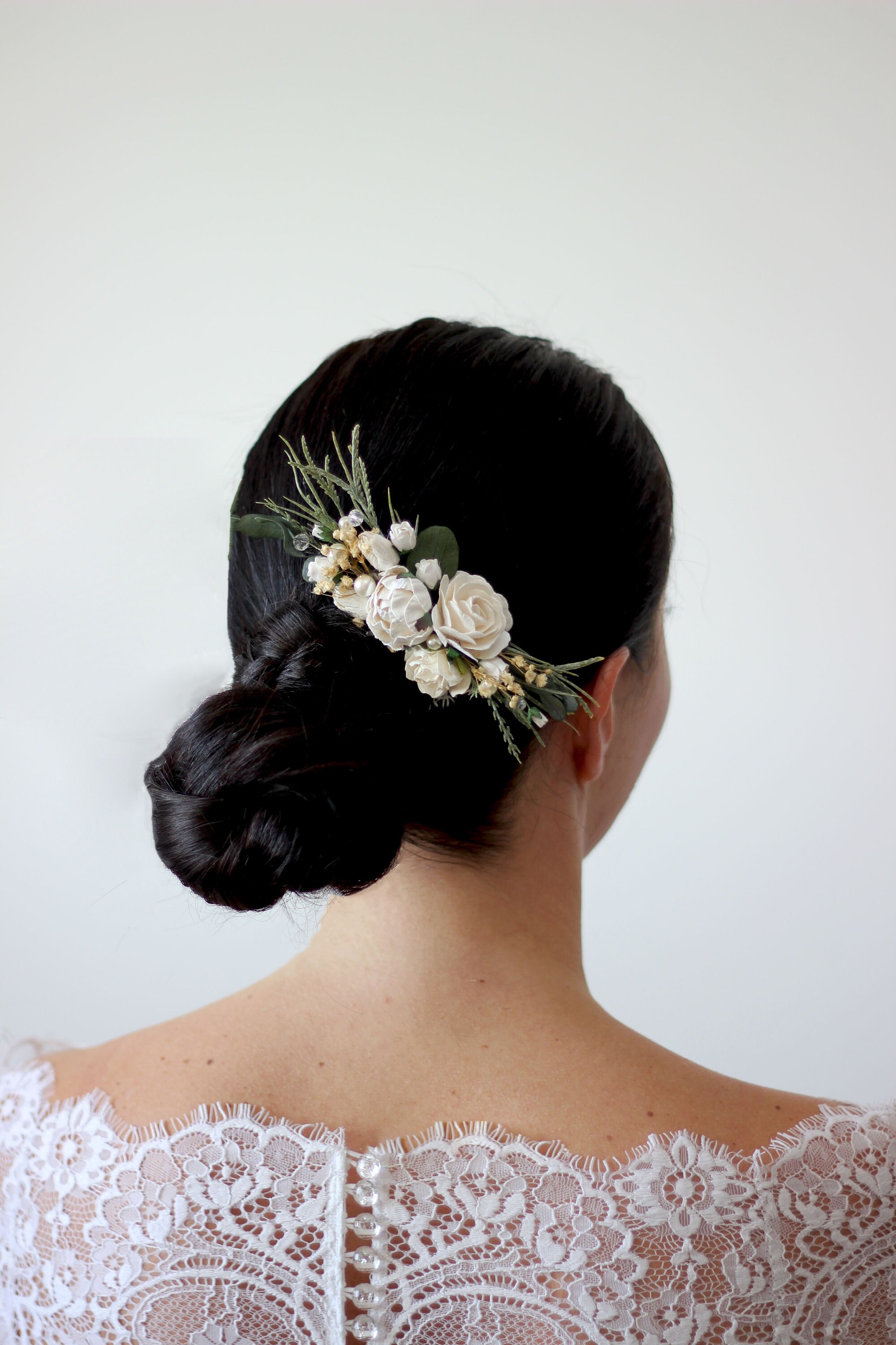 White flower comb Bridal hairpiece White rose Eucalyptus Etsy