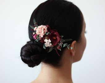 Burgundy comb Blush pink Eucalyptus  Floral headpiece Bridal comb Flower accessories Bridesmaid Deep red Wedding hair piece Outdoor wedding