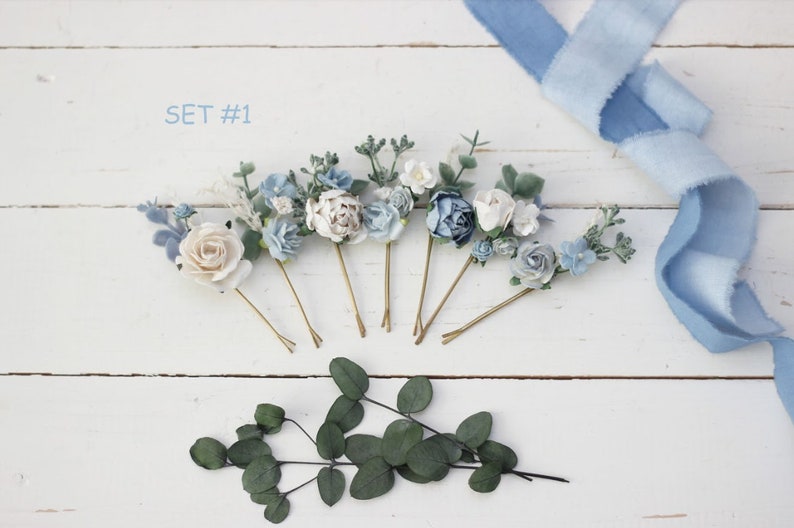 Dusty blue white hairpins/ Flower bobby pins /Floral headpiece/Bridal hairpiece/Flower accessories /Bridesmaid /Pale blue /Wedding hairpiece Set of 7 pins #1