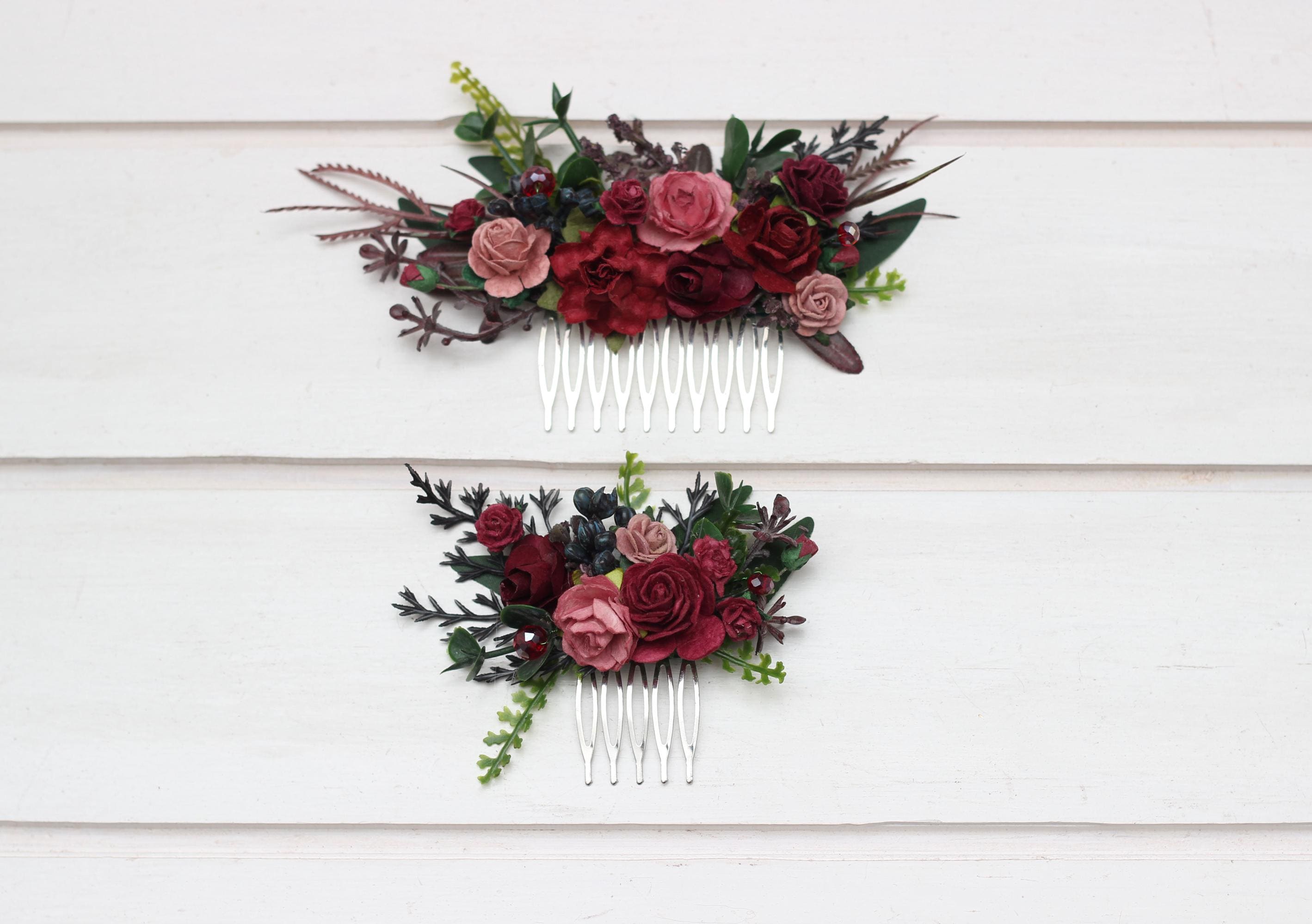 Burgundy dusty rose flower comb  Bridal flower clip Floral comb Burgundy hairpiece