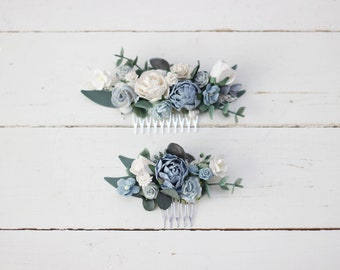 Dusty blue white hair comb Flower hairpiece  Floral headpiece Bridal flowers Flower accessories Bridesmaid comb Pale blue wedding